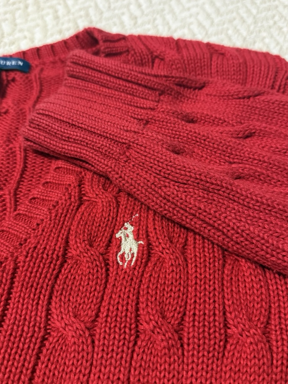 Ralph Lauren Red 100% Cotton Cable Knit V-Neck Sweater M Gold Pony EUC - Picture 5 of 10